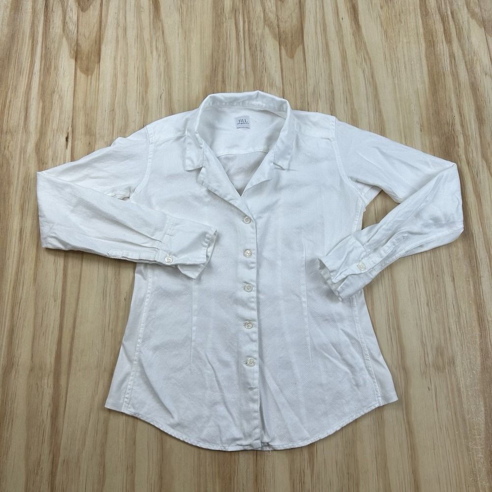 J. McGowan Women's Fitted Button Shirt White Herringbone Cotton Small USA Made